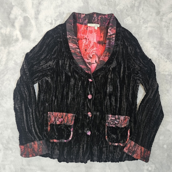 Alberto Makali Jackets & Blazers - Alberto Makali Crushed Velvet Black Red Beaded‎ Jacket Large
